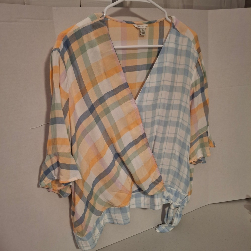 Cato XL Plaid Wrap Tie Front Blouse Shirt Top Women Orange Blue Green
